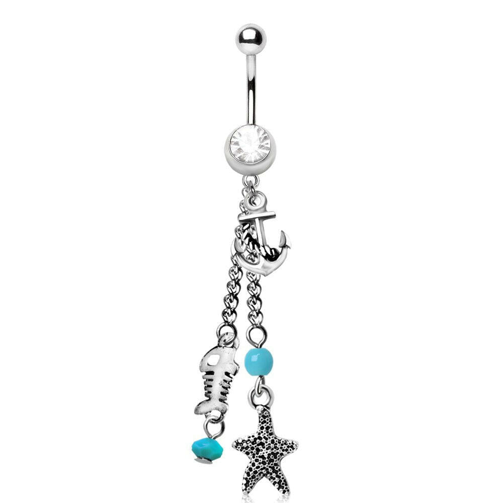 Nautical Beach Charms Dangle Navel Ring 14G Starfish Anchor