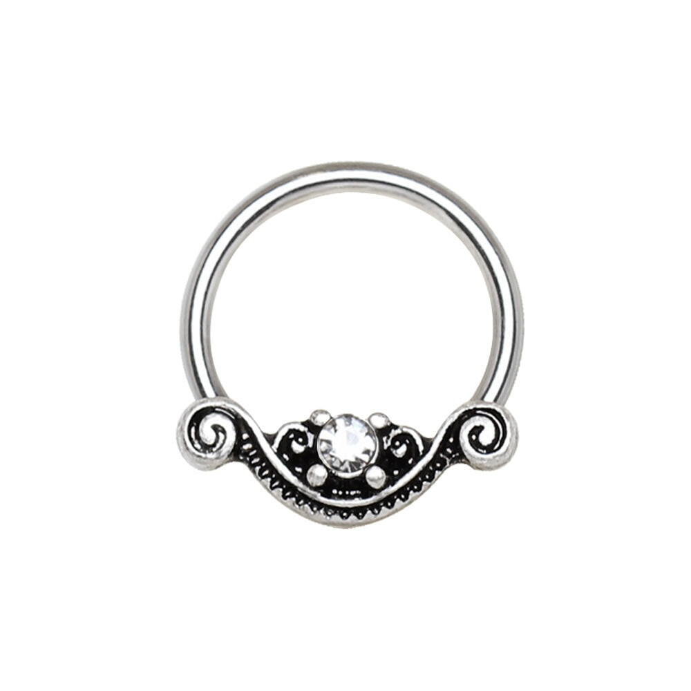 Stainless Steel Ornate Design Snap-in Captive Bead Ring / Septum Ring