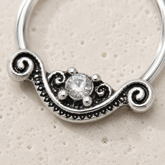 Stainless Steel Ornate Design Snap-in Captive Bead Ring / Septum Ring