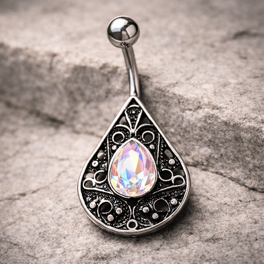Stainless Steel Ornate Jeweled Teardrop Navel Ring