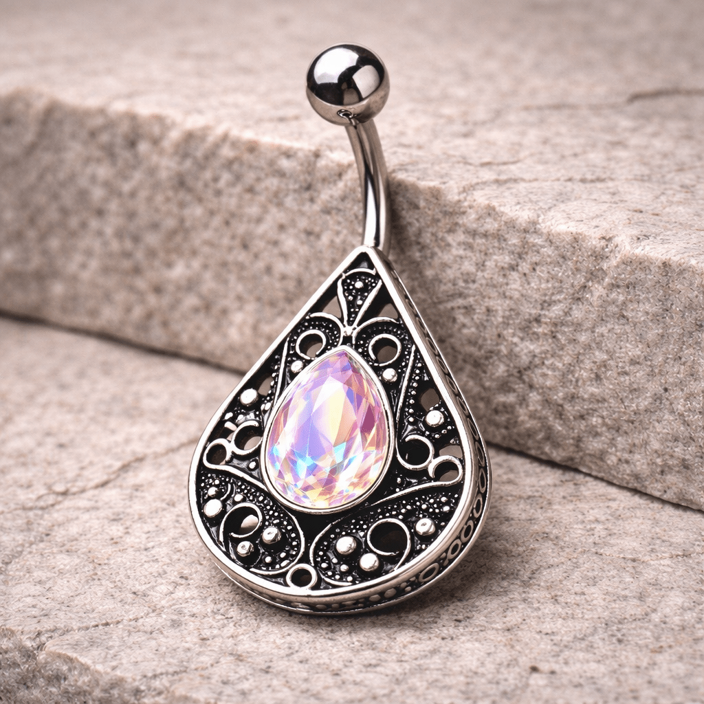 Stainless Steel Ornate Jeweled Teardrop Navel Ring