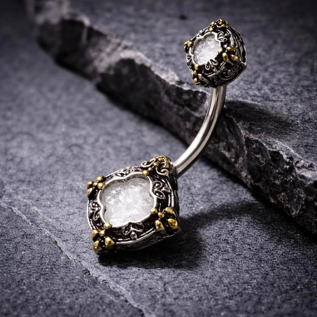 Stainless Steel Ornate Metallic Gem Navel Ring