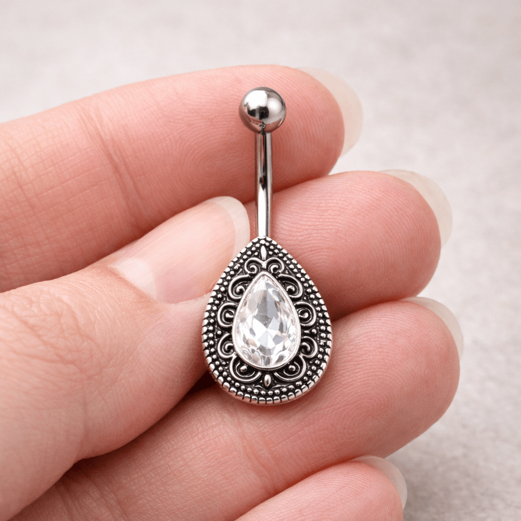 Stainless Steel Ornate Teardrop Navel Ring - Skin Metals