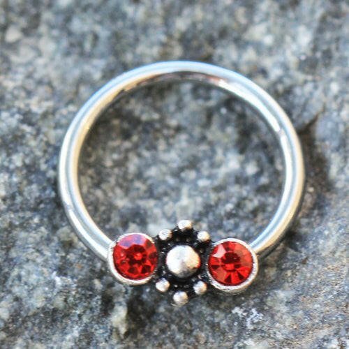Stainless Steel Red Jeweled Ornate Snap-in Captive Bead Ring / Septum Ring