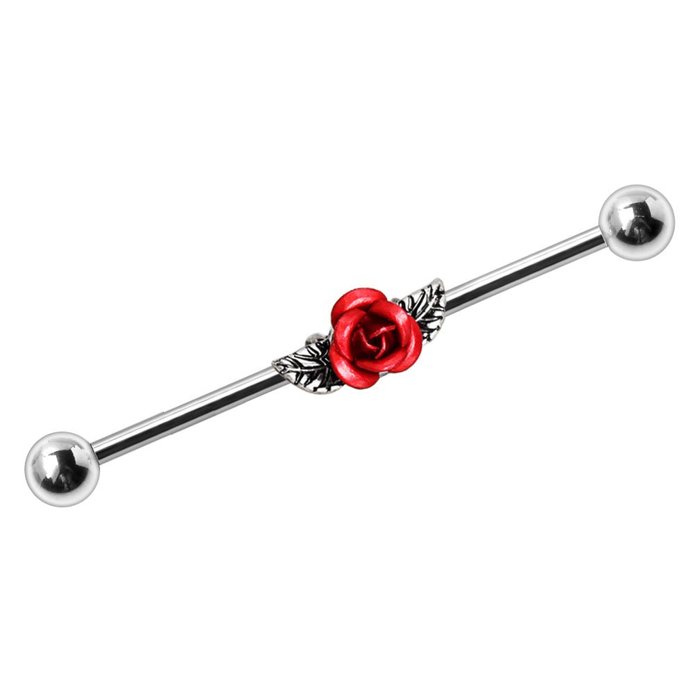 Stainless Steel Red Rose Industrial Barbell - Skin Metals