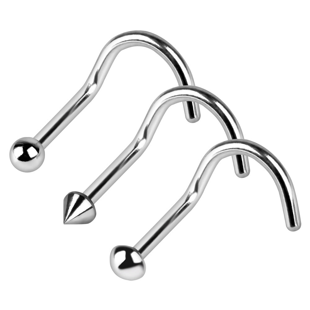 Stainless steel screw nose ring ball dome spike on white background, 18G 20G implant grade 316L