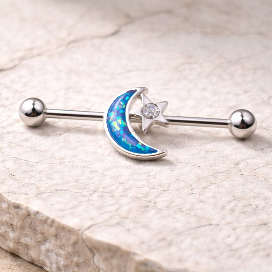 Stainless Steel Synthetic Opal Moon and Star Industrial Barbell