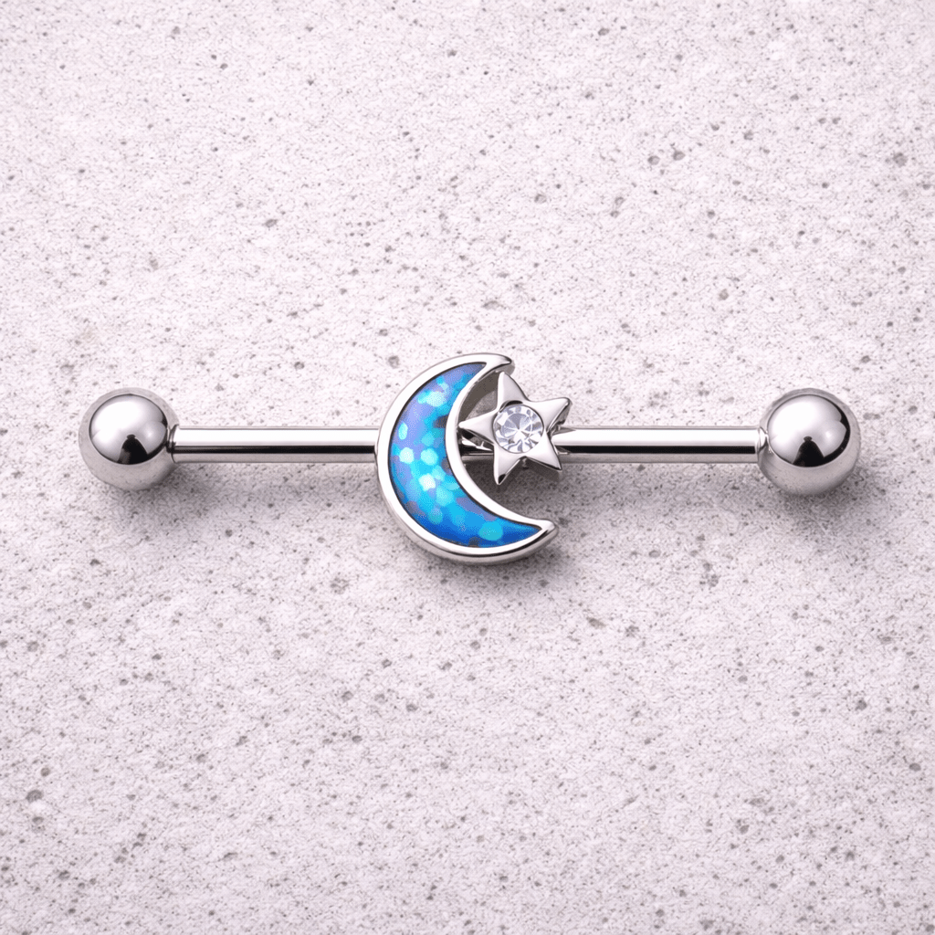 Stainless Steel Synthetic Opal Moon and Star Industrial Barbell - Skin Metals