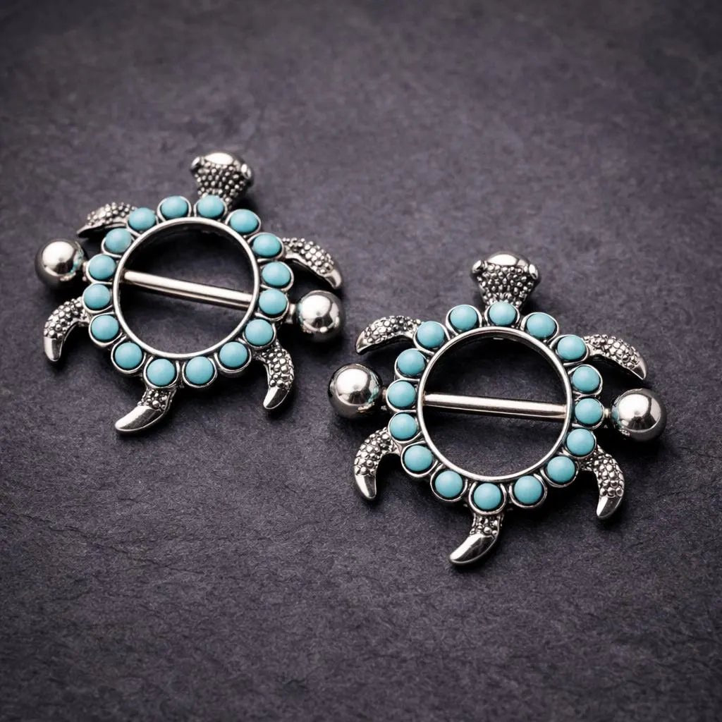 Stainless Steel Teal Blue Turtle Nipple Shield - Skin Metals