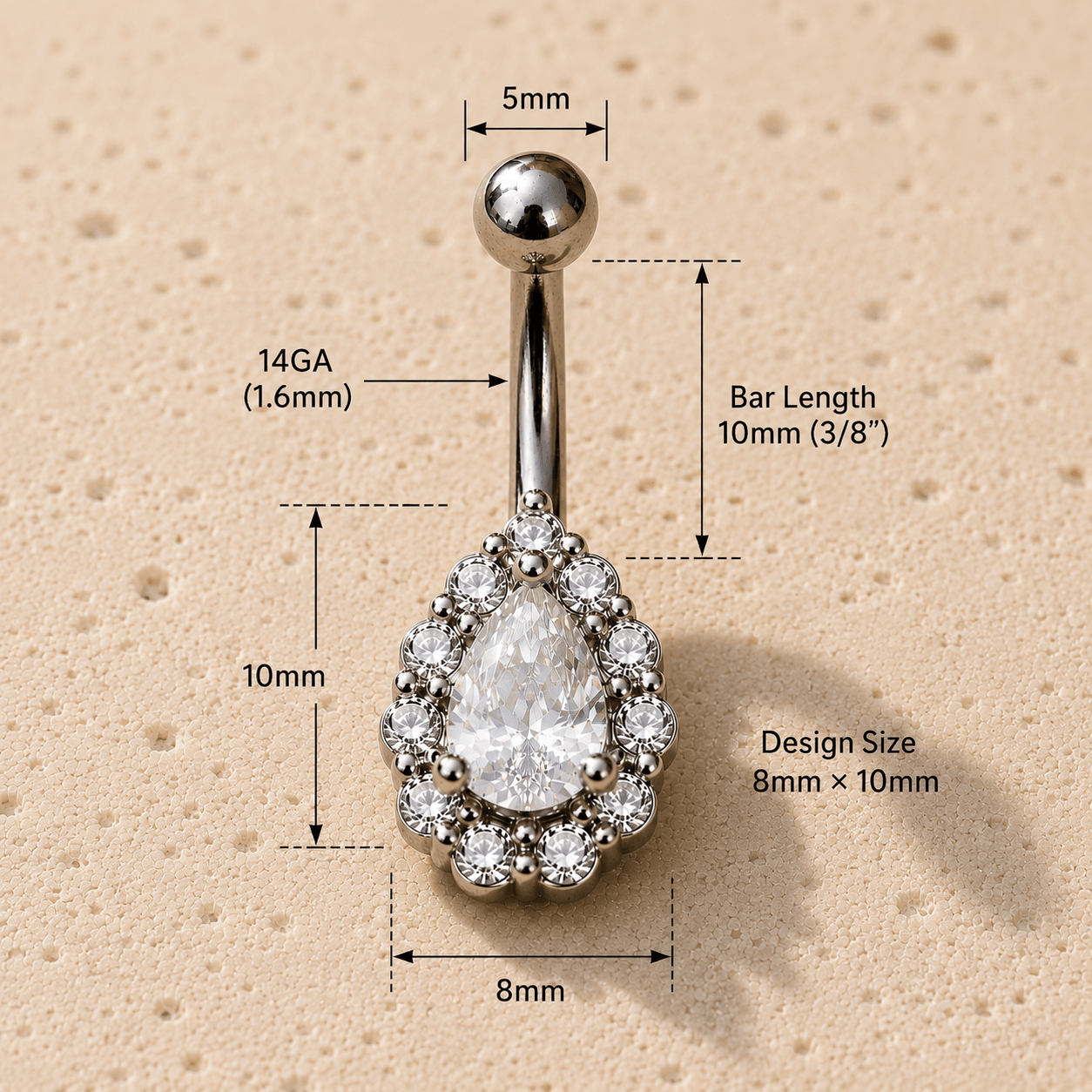 Stainless Steel Teardrop Cut CZ Navel Ring