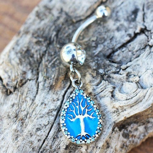 Stainless Steel Tree of Life in Rain Drop Dangle Navel Ring