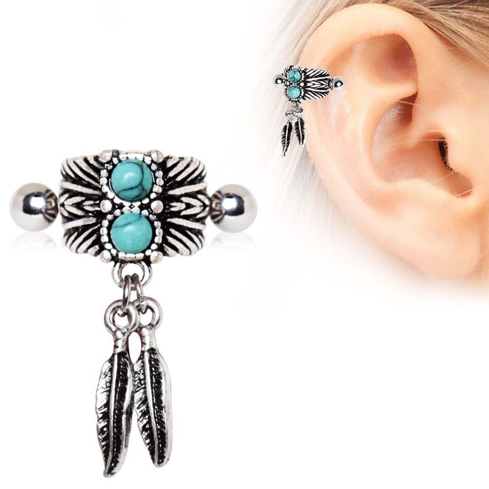 Turquoise Feather Cartilage Cuff styled on model