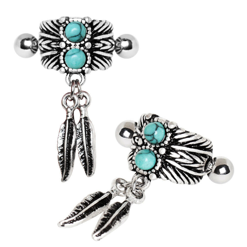 Stainless Steel Turquoise & Feather Cartilage Cuff Earring Cuff Earring Impulse Piercings 16 gaugeLength: 1/2"