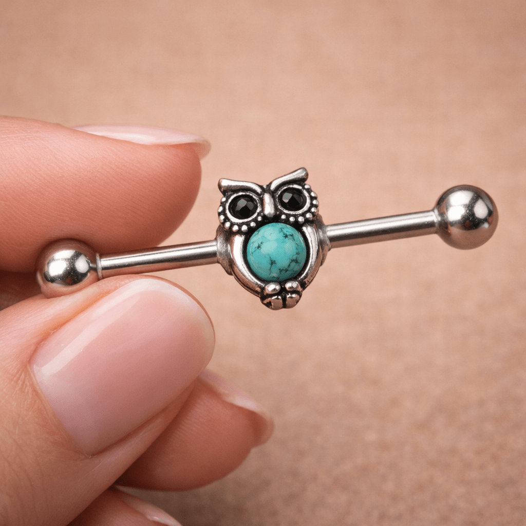 Stainless Steel Turquoise Owl Industrial Barbell Industrial Barbell Skin Metals