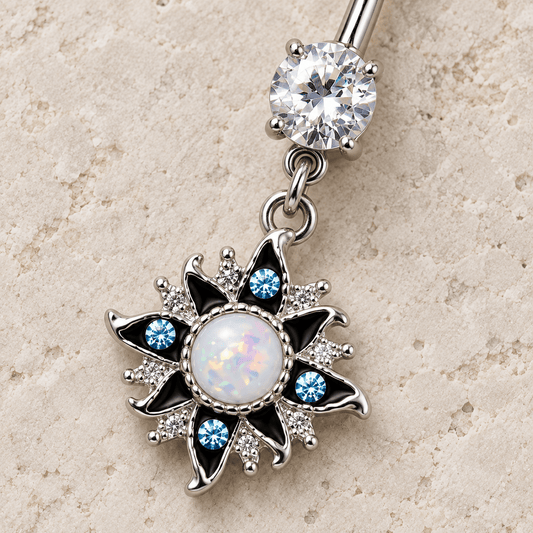 Stainless Steel White Opal Sunburst Navel Ring - Skin Metals