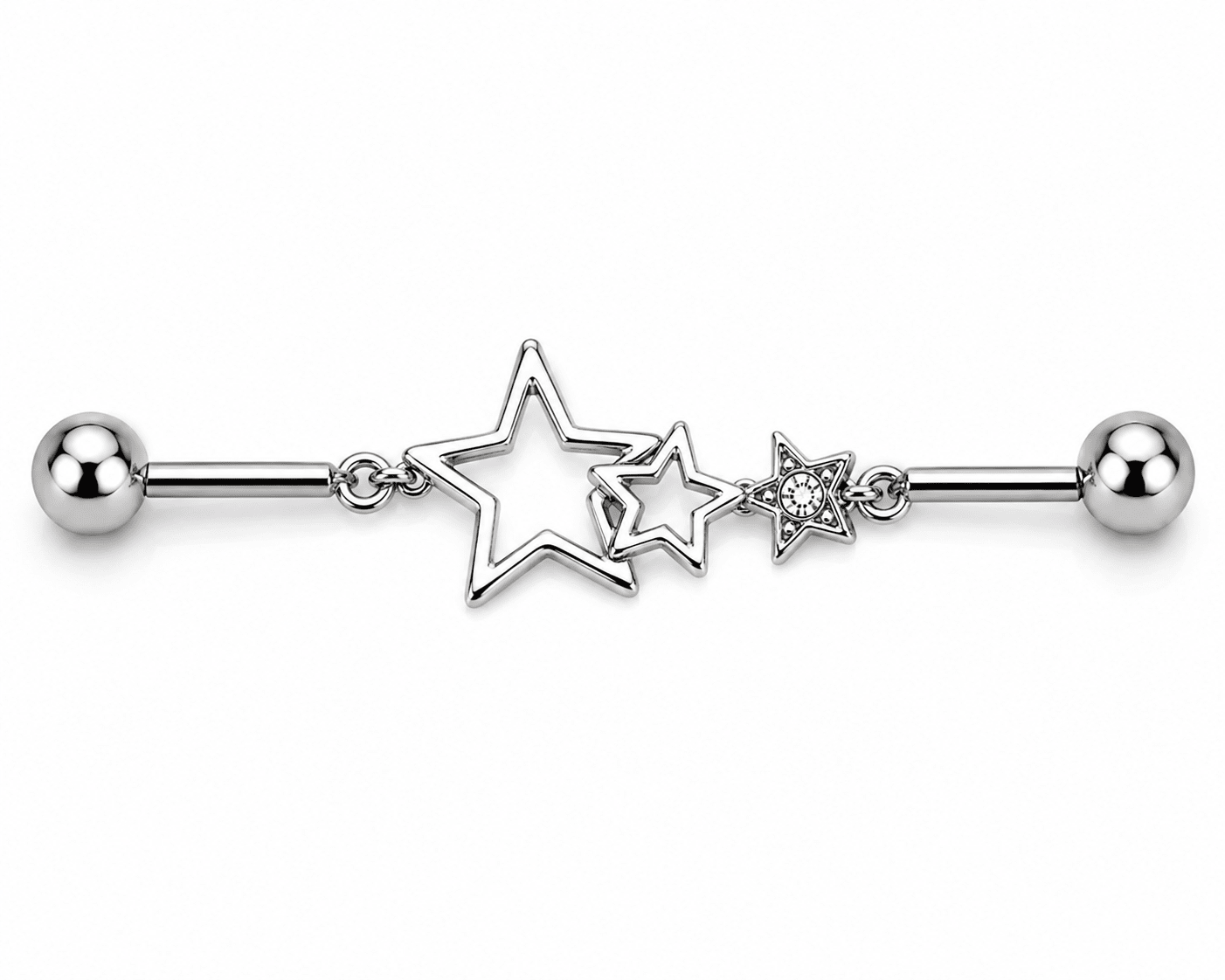 Star Chain Industrial Barbell 14G CZ Scaffold Ear Piercing 316L Stainless Steel - Skin Metals
