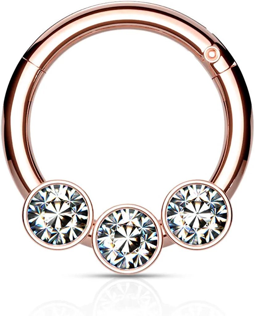 Surgical Steel 3 Bezel Crystals on Hinged Segment Hoop Ring Septum Impulse Piercings Rose Gold