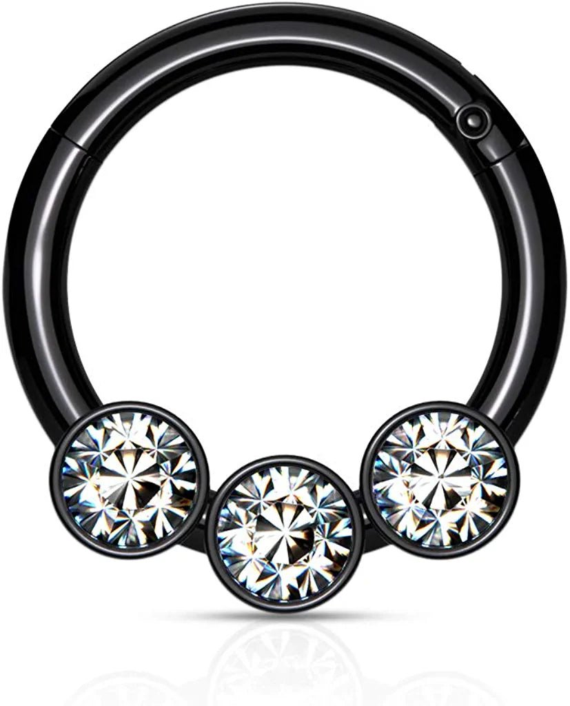Surgical Steel 3 Bezel Crystals on Hinged Segment Hoop Ring Septum Impulse Piercings Black