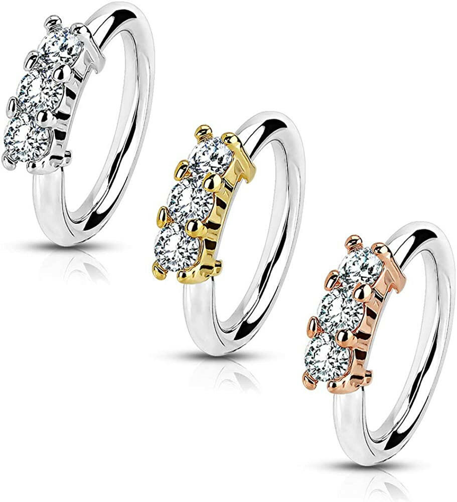 Surgical Steel 3 Lined CZ Bendable Nose Cartilage Hoop Rings Nose Ring Impulse Piercings