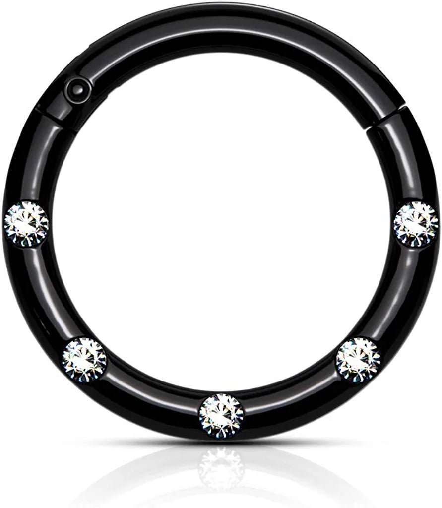 Surgical Steel 5 Flush Front Facing Petite Crystals Hinged Segment Hoop Ring Nose Ring Impulse Piercings 16GA Length: 8mm Black