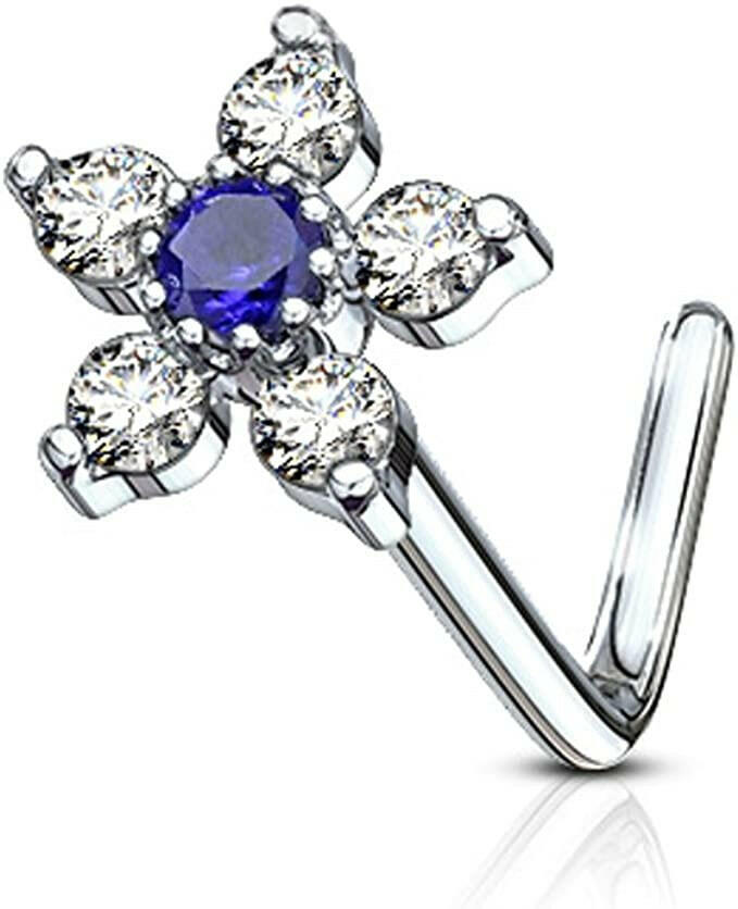 Surgical Steel 6 CZ Flower Top L Shaped Nose Ring Nose Ring Impulse Piercings Blue