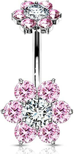 Surgical Steel 7 CZ Flower With CZ Flower Top Belly Navel Ring Navel Ring Impulse Piercings Pink