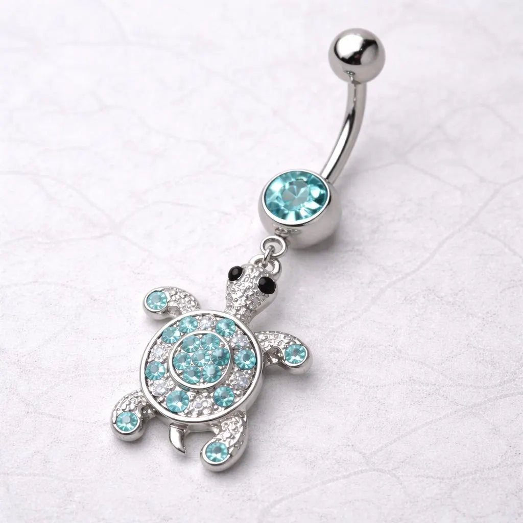 Surgical Steel Aqua Gem Turtle Navel Ring Skin Metals