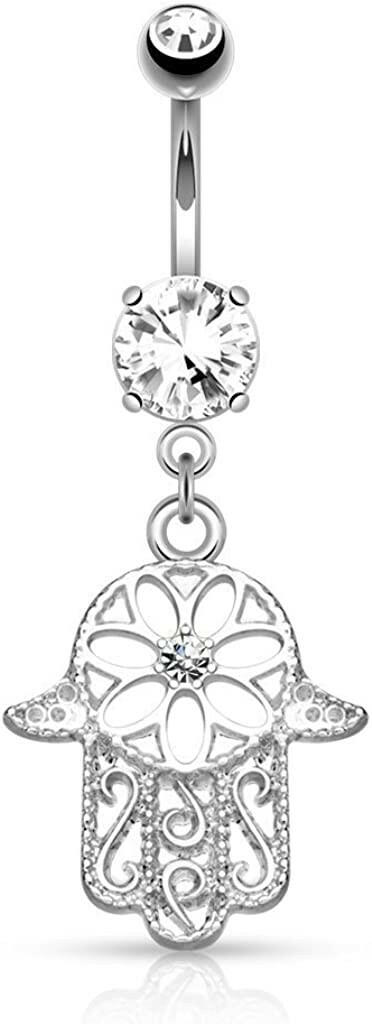 Surgical Steel Beaded Outline Hamsa with Center CZ Dangle Belly Navel Ring Navel Ring Impulse Piercings Clear