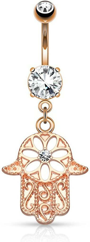 Surgical Steel Beaded Outline Hamsa with Center CZ Dangle Belly Navel Ring Navel Ring Impulse Piercings Rose Gold