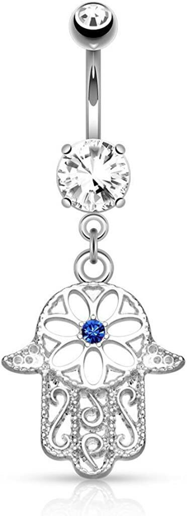 Surgical Steel Beaded Outline Hamsa with Center CZ Dangle Belly Navel Ring Navel Ring Impulse Piercings Blue