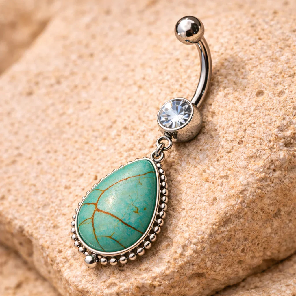 Surgical Steel Belly Button Navel Ring with Large Turquoise Dangle