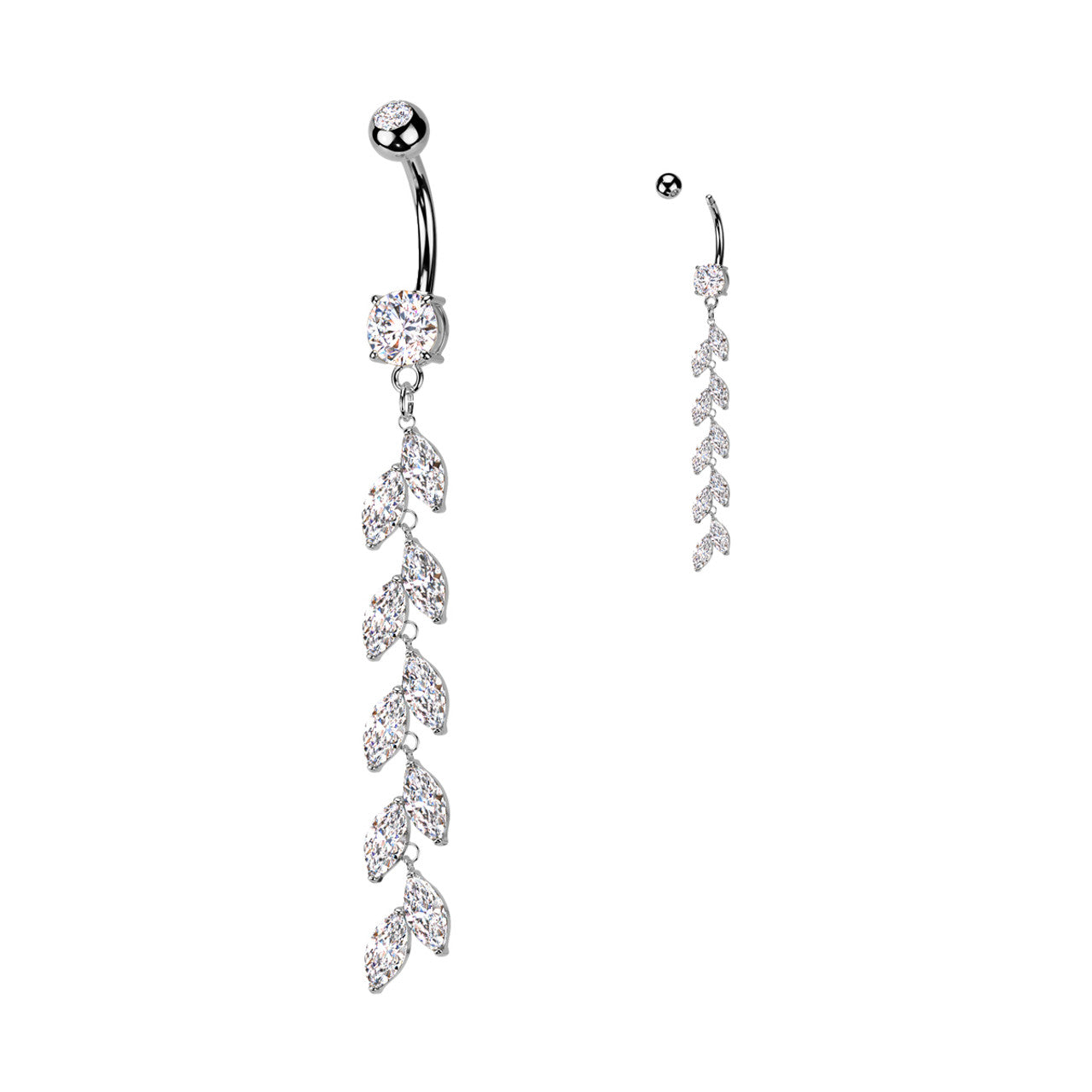 Surgical Steel Double Jeweled Belly Button Ring With Vertical Drop Marquise CZ Petals Navel Rings Skin Metals