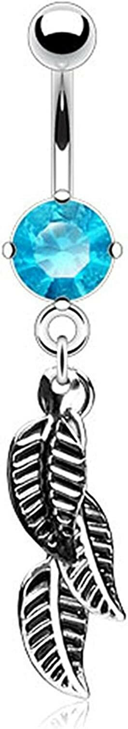 Surgical Steel Bg Gem and 3 Leaf Dangle Belly Navel Ring Navel Ring Impulse Piercings Aqua