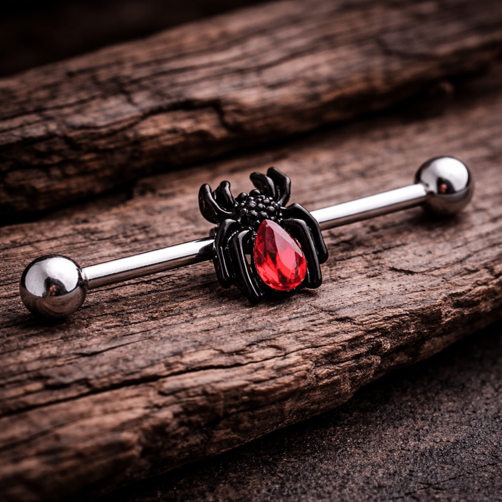 Surgical Steel Black Spider with Red CZ Industrial Barbell Industrial Barbell Impulse Piercings