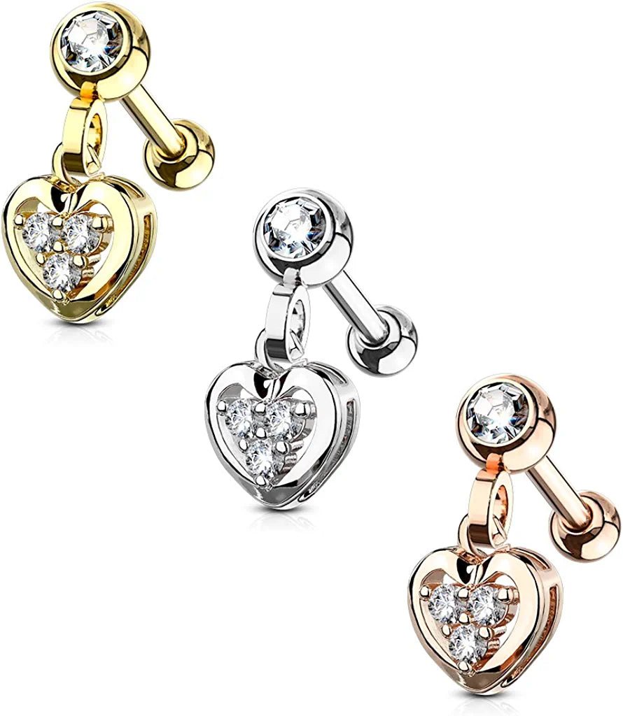 Surgical Steel Clear Gem Ball with CZ Filled Heart Dangle Ear Cartilage Tragus Barbell Studs Cartilage Earring Impulse Piercings