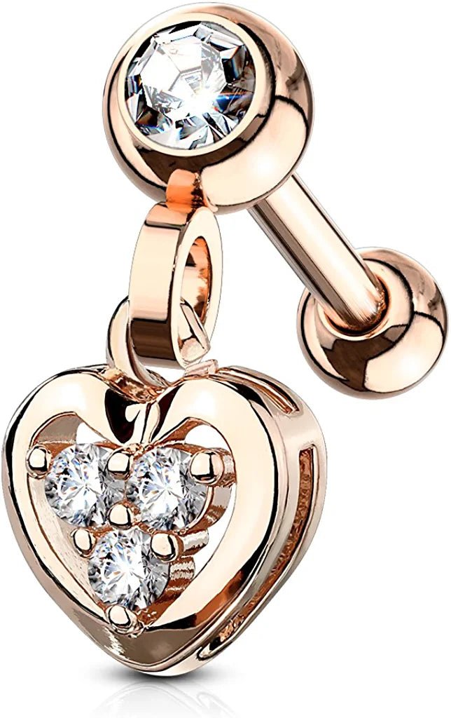Surgical Steel Clear Gem Ball with CZ Filled Heart Dangle Ear Cartilage Tragus Barbell Studs Cartilage Earring Impulse Piercings Rose Gold