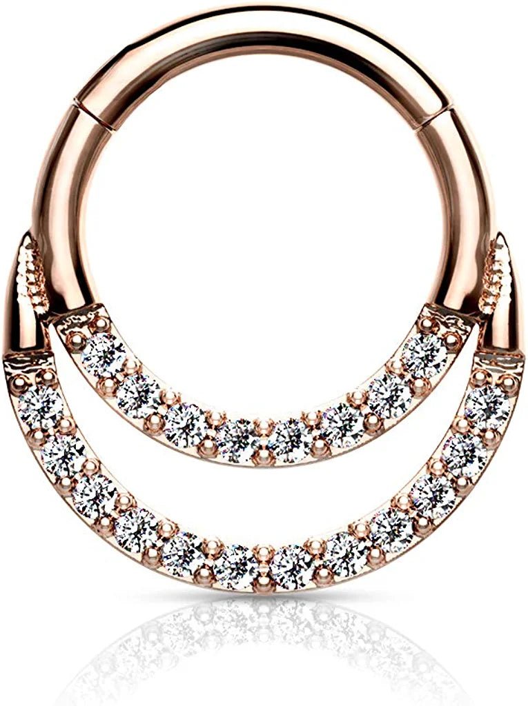 Surgical Steel CNC Double Lined CZ Hinged Segment Hoop Ring Nose Ring Impulse Piercings 16GA Length: 6mm Rose Gold
