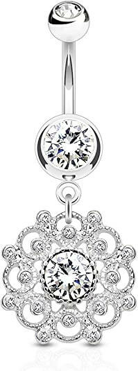 Surgical Steel Crystal Paved Vintage Filigree Dangle With Double Jeweled Belly Navel Ring Navel Ring Impulse Piercings Clear