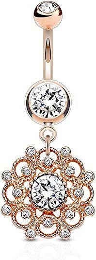 Surgical Steel Crystal Paved Vintage Filigree Dangle With Double Jeweled Belly Navel Ring Navel Ring Impulse Piercings Rose Gold