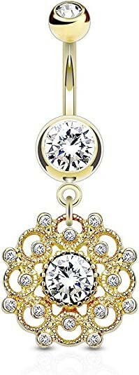 Surgical Steel Crystal Paved Vintage Filigree Dangle With Double Jeweled Belly Navel Ring Navel Ring Impulse Piercings Gold