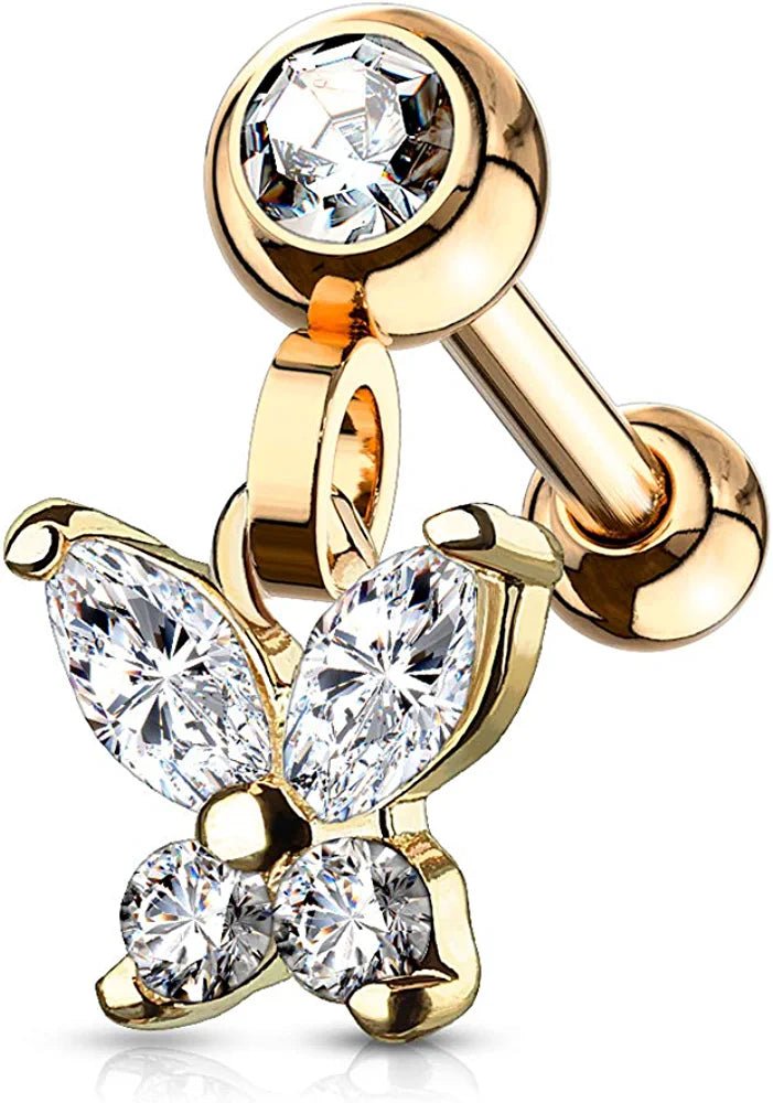 Surgical Steel CZ Butterfly Dangle Jeweled Ball Ear Cartilage Tragus Barbell Stud Cartilage Earring Impulse Piercings Rose Gold