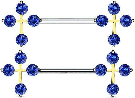 Surgical Steel CZ Cross Ends Nipple Barbell Rings Nipple Ring Impulse Piercings Gold