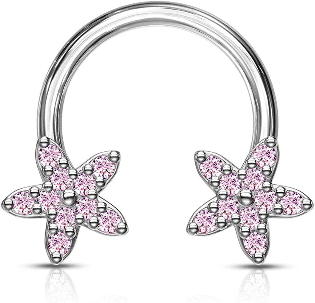 Surgical Steel CZ Flower Ends Circular Horseshoe Circular Barbell Impulse Piercings Pink