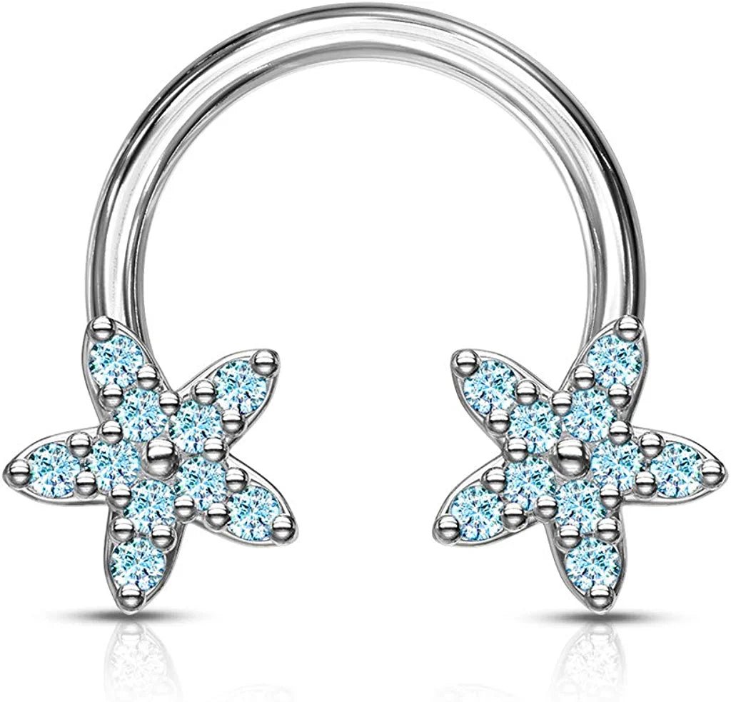 Surgical Steel CZ Flower Ends Circular Horseshoe Circular Barbell Impulse Piercings Aqua