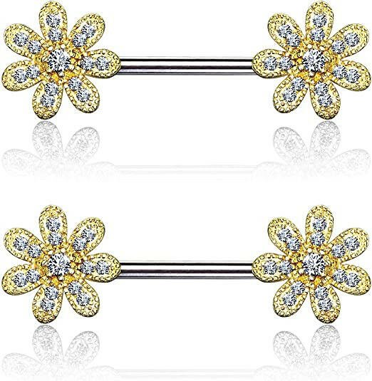 Surgical Steel CZ Gem Paved Flower Nipple Barbell Rings Nipple Ring Impulse Piercings Gold