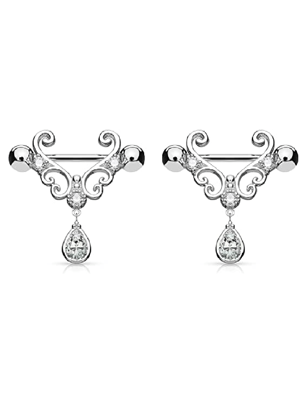Surgical Steel CZ Heart Filigree with Tear Drop CZ Dangle Nipple Barbell Rings Nipple Ring Impulse Piercings Clear