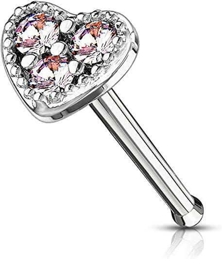 Surgical Steel CZ Heart Top Nose Bone Stud Rings Nose Ring Impulse Piercings Pink