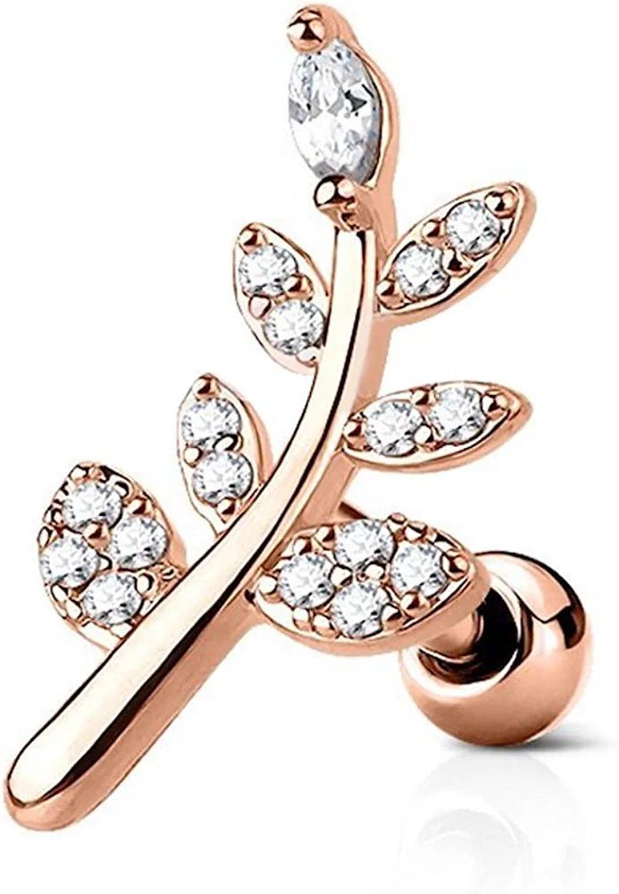 Surgical Steel CZ Micro Paved Leaf Top Cartilage Tragus Barbell Studs Cartilage Earring Impulse Piercings Rose Gold