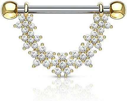 Surgical Steel CZ Paved Linked Flowers Dangle Nipple Shield Rings Nipple Ring Impulse Piercings Gold