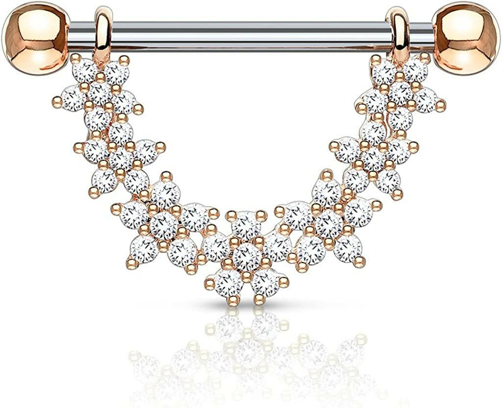 Surgical Steel CZ Paved Linked Flowers Dangle Nipple Shield Rings Nipple Ring Impulse Piercings Rose Gold
